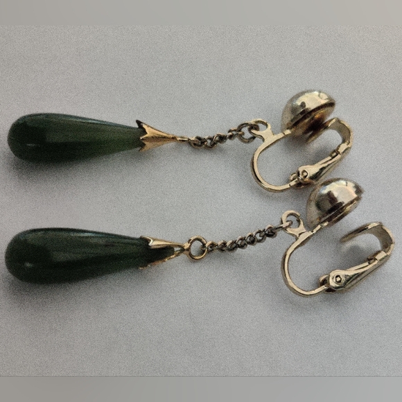 Vintage Genuine Jade Teardrop Earrings - Picture 9 of 14